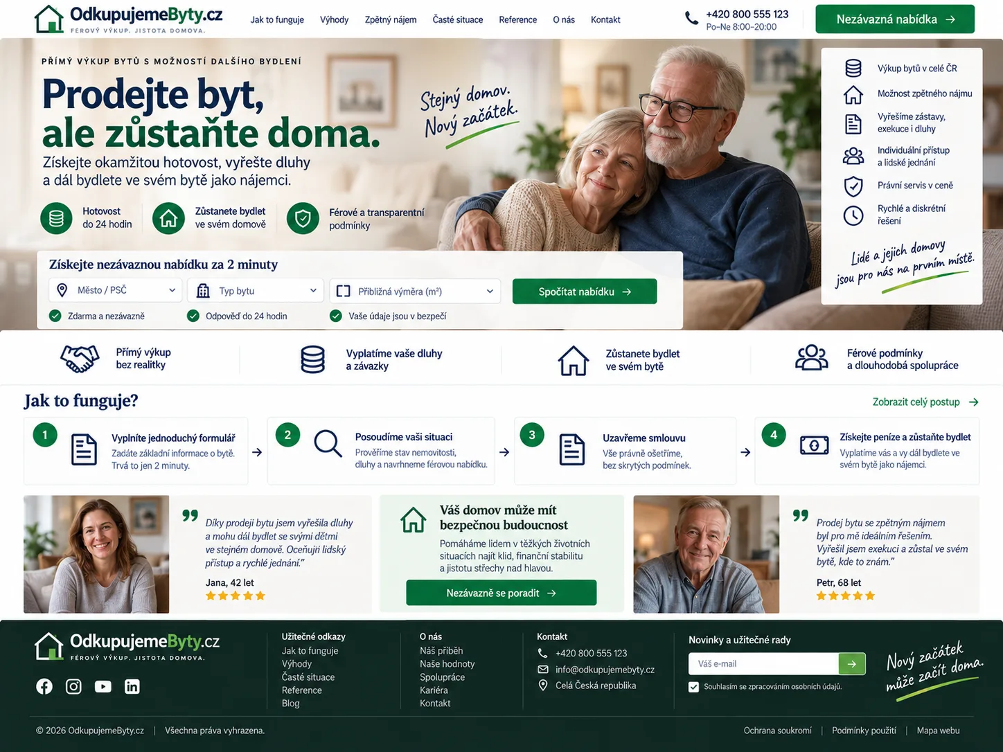 Ilustrační návrh realitního webu v tmavě zelené, modré a krémové s párem seniorů